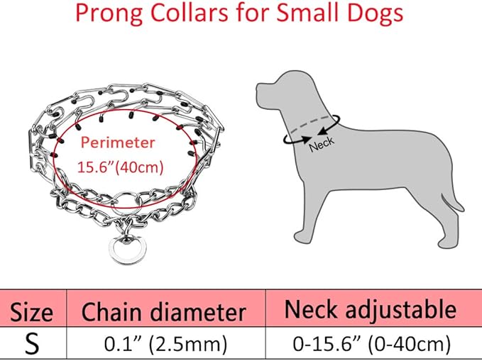 Prong Collars for Dogs, No Pull Dog Collar, Dog Training Collar for Small Dogs, Stainless Steel Adjustable with Comfort Rubber Tips (Small, 2.5mm, 15.6-Inch)