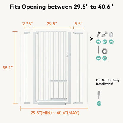 COMOMY 55.1" Extra Tall Pet Gate for Cats, Extra Wide Cat Gate with Adjustable Cat Door, Pressure Mounted Easy Walk Through Pet Gate with Door for Stairs, Doorways, Kitchen(White, 29.5-40.6")