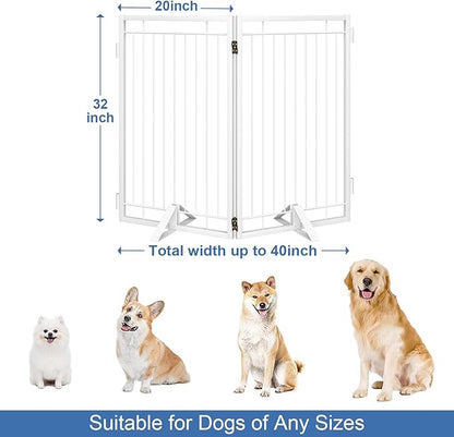 Metal Free Standing Dog Gate with Cat Door for Indoor/Outdoor,40" Extra Wide Foldable Pet Gate,32" Tall Foldable Indoor Dog Fence for Large Openings Stairs,Deck,Yard,Doorways(2 Panels,White)
