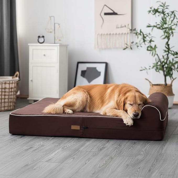KOPEKS Orthopedic Memory Foam Dog Bed 7" Inch Thick Extra Large Dog Bed With Pillow Brown 50"x34"x10" Includes Waterproof Liner & Durable Removable Cover With Smart Design