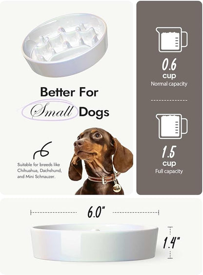 LE TAUCI Ceramic Slow Feeder Dog Bowls Small Breed, 0.6 Cups Dog Food Dish for Fast Eaters, Puzzle Bowl for Small Dogs and Cats,Crown Silver