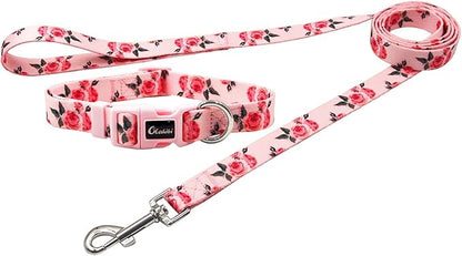 Dog Collar and Leash Set, Cute Rose Pattern, Polyester Material, 5ft Leash, for Large Dogs.(Large,Pink Rose)