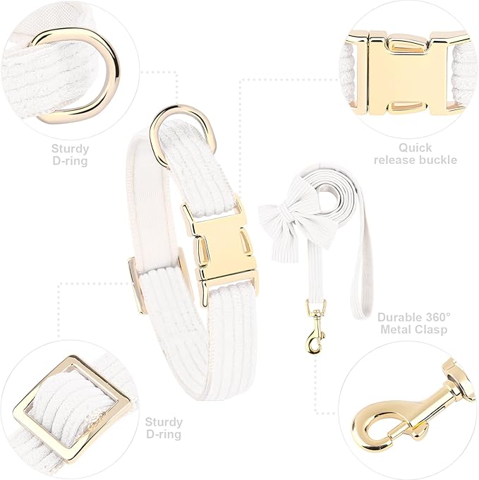 Dog Collar and Leash Set with Bowtie, Girl Dog Collars Metal Buckle Adjustable for Small Medium Dogs (White, M: Neck 13"-22" Leash 5 FT)