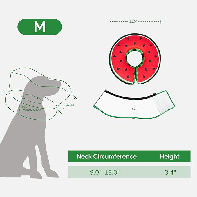 Supet Raised Inflatable Dog Cone After Surgery - Adjustable Recovery Donut Collar with Removable Shield to Stop Licking Wounds & Protect Stitches - Soft Dog Cone Alternative for Dogs (Watermelon,M)