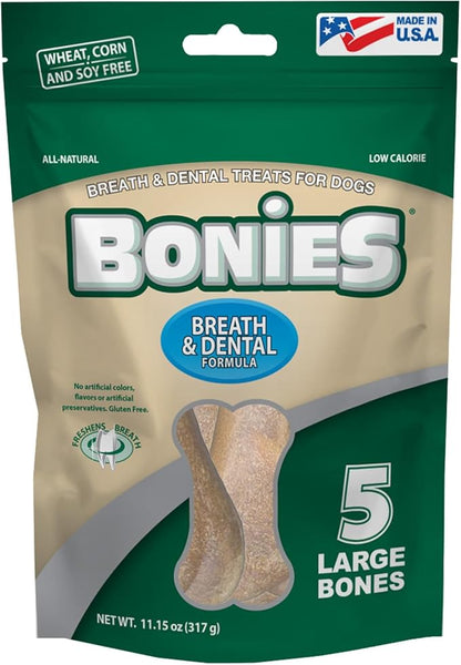 Bonies Natural Breath and Dental Formula Large-Sized Single Bone - All-Natural Ingredients, Fresh Breath, Cleans Teeth, Low Calories, Chicken Flavor, [Large Dogs], 5 Bones