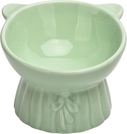 Elevated Cat Food Bowl,8 Oz Ceramic Raised and Tilted Water Bowl,Anti Vomiting and Protect Pets Spines Dishes for Fat Faced Cat, Indoor Cats,Kitten,Small Dog (Green)