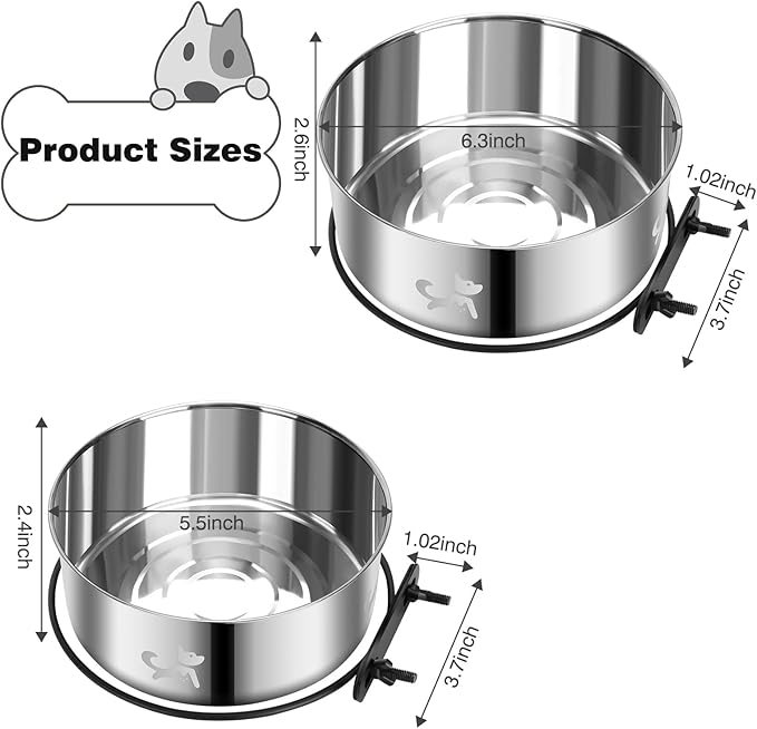 Dog Crate Water Bowl No Spill, Dog Crate Bowls Hanging 2 Pack, Kennel Water Bowl Mountable, Stainless Steel Coop Cup, Pet Cage Accessories, Food Dish Feeder for Cat Puppy Rabbit Bunny Bird Ferret