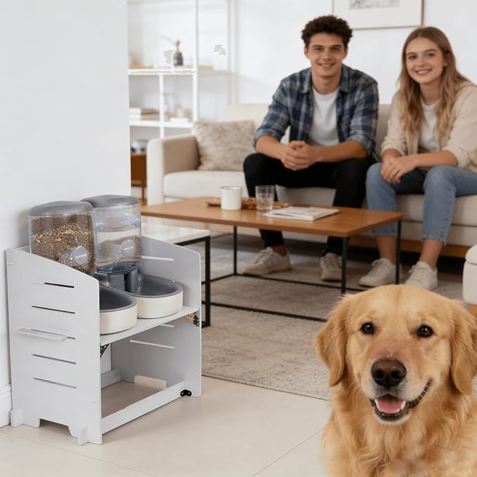 Elevated Gravity Pet Feeder & Water Dispenser Combo for Medium/Large/Senior Dogs - 4L/135oz Capacity, 5 Adjustable Height Settings, Cervical-Friendly Design Reduces Neck Strain
