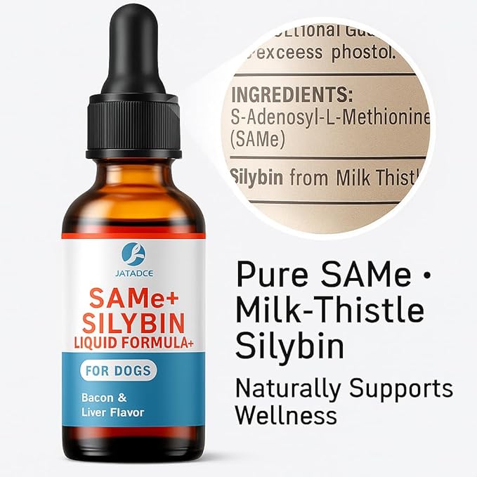 SAMEe for Dogs 500mg Liquid Drops with Silybin – Bacon Liver Flavored Liver Support Supplement for Dogs – S-Adenosyl Methionine & Milk Thistle Extract – 30ml (1oz)