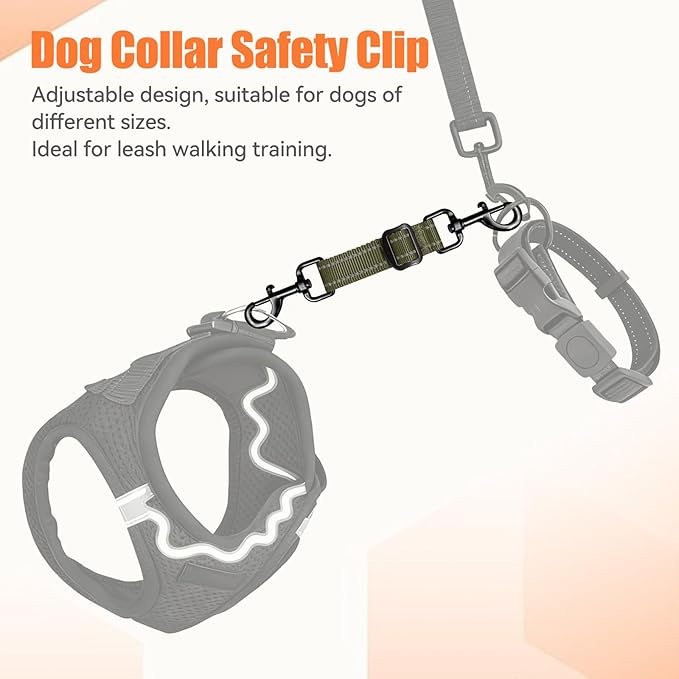 Dog Collar Safety Clip, Reflective Double-Ended Backup Connector for Harness to Collar, Adjustable Safety Clip for Prong, Pinch Collars, Prevents Escapes & Accidental Disconnection