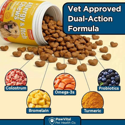 Dog Allergy Chews - 200ct Dog Allergy Relief for Itching Skin & Paw Licking - Allergy and Immune Chews for Dogs with Probiotics & Colostrum - Anti Itch Supplement for Seasonal Allergies, Salmon Flavor