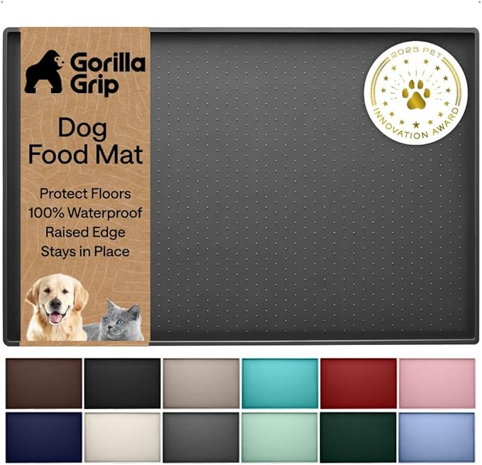 GORILLA GRIP 100% Waterproof Raised Edge BPA Free Silicone Pet Feeding Mat, Dog Cat Food Mats Contain Spills Protects Floors, Placemats for Cats and Dogs Water Bowl, Pets Accessories 23x15 Charcoal