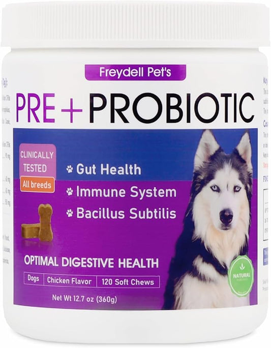 Freydell Pets Probiotics for Dogs– Digestive Enzymes, Prebiotics & Fiber Soft Chews – Gut Health, Diarrhea Relief, Yeast Balance, Immune Support, Pumpkin & Papaya – Dog Probiotic Supplement 120 Chews