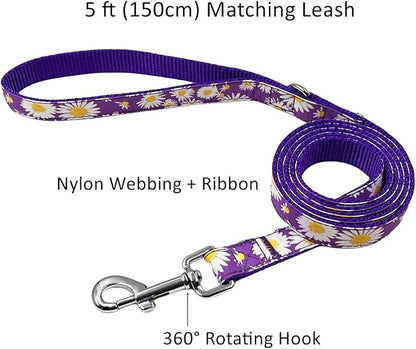 Dog Collar Leash Set, Floral Pattern, Nylon Webbing Plus Cotton Ribbon, 5ft Matching Leash, for Medium Dogs.(M, Purple Daisy)