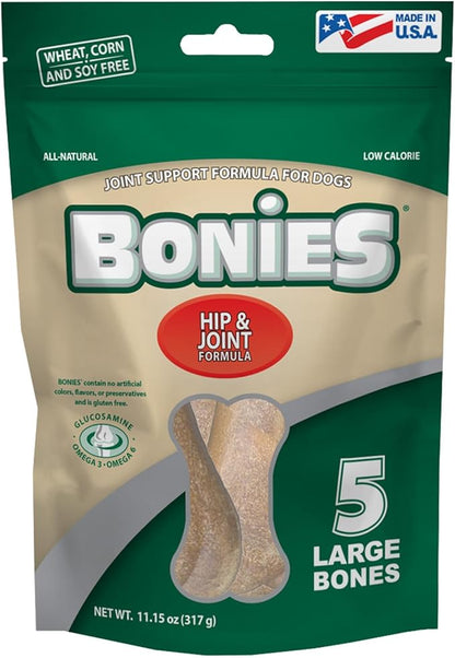 Bonies Natural Hip & Joint Formula Large-Sized Single Bone, Glucosamine & Omega Fatty Acids, Fresh Breath, Clean Teeth, Low Calories, Chicken Flavor, [Large Dogs], 5 Bones