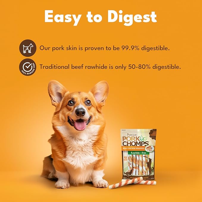 Pork Chomps Baked Pork Skin Dog Chews, 5 Inch Mini Twists, 12 Count - Real Chicken Wrap - Long-Lasting Treats for Dogs - High Protein, Rawhide-Free, Low Fat, Healthy & Delicious Chews