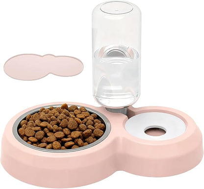Double Dog Cat Bowls, Pets Food and Water Bowl Set with Automatic Water Dispenser and Stainless Steel Bowl Silicone Dog Bowl Mat, Gravity Feeder for Cats and Small Dogs Puppies (Pink)