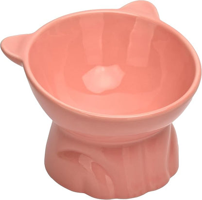 Elevated Cat Food Bowl,9 Oz Ceramic Raised and Tilted Water Bowl,Anti Vomiting and Protect Pets Spines Dishes for Fat Faced Cat, Indoor Cats,Kitten,Small Dog (Pink)