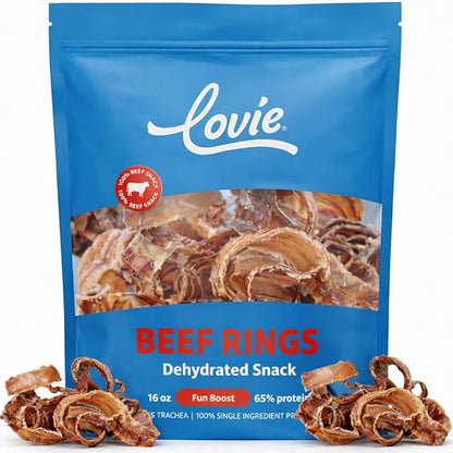 Lovie Beef Lung Dog Treats - Dehydrated Air Dried Soft Bites, Single Ingredient, Protein Rich, 16 oz (Beef Rings)