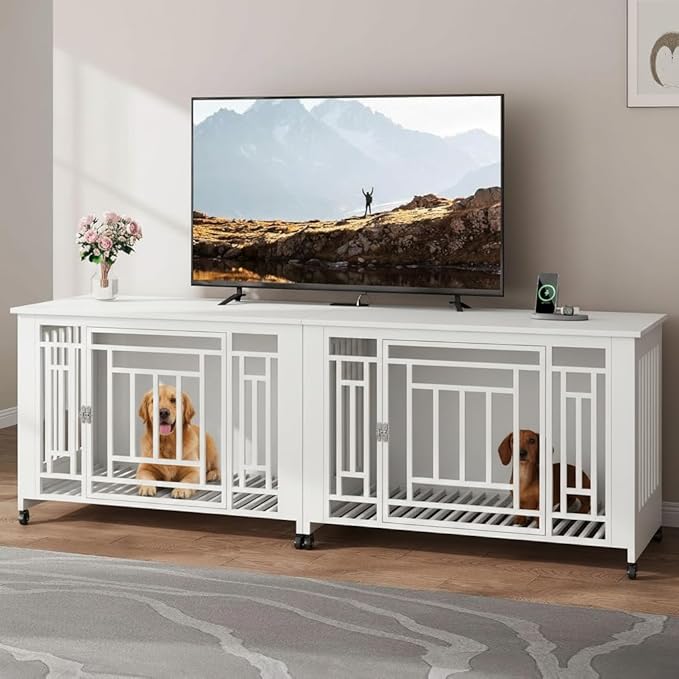 DWVO Double Dog Crate Furniture for 2 Large Medium Dogs, 76 Inch Heavy Duty Dog Kennel Indoor TV Stand with Wheels, Decorative Wooden Dogs Cage Table with Removable Tray, Chew-Resistant, White