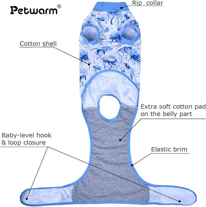 PetWarm Pet Recovery Suit for Female Dogs, Dog Surgery Suit, Cone of Shame Alternatives Bodysuit for Abdominal Affected Areas Sensitive Skin Areas, Dog Bodysuit, Marine Animal Patterns, Blue, XL