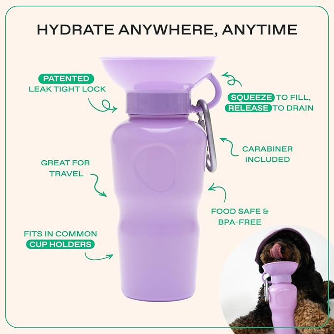 Springer Dog Water Bottle | Portable Travel Water Bottle Dispenser for Dogs - As Seen on Shark Tank | Patented, Leak-Proof Bottles Fill Bowl with Water - Ideal for Walking | BPA-Free 22oz Lilac