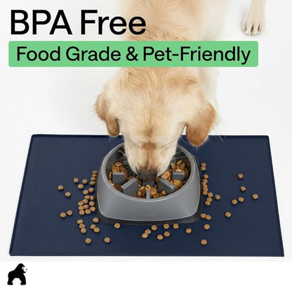 GORILLA GRIP 100% Waterproof Raised Edge BPA Free Silicone Pet Feeding Mat, Dog Cat Food Mats Contain Spills Protects Floors, Placemats for Cats and Dogs Water Bowl, Pets Accessories 32x24 Navy