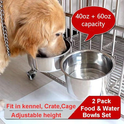 Stainless Steel Dog Bowls, 2 Pack No Spill Dog Crate Water and Food Bowls for Kennel Cage, Kennel Water Bowl Hanging Feeder Dish for Dogs Pets, 40oz & 60oz