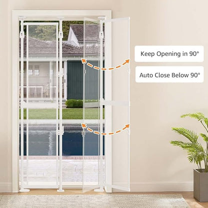 unipaws Transparent Clear Cat Safety Gate, 75"-98" Height and 35"-38" Wide Adjustable, Auto Closing and No Drilling Plus Stable 3 Support Pillars, Extra Tall for Doorway, Stairs, White