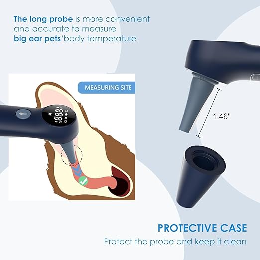 Pet Ear Thermometer for Dogs, Cats, and Livestock, Long Probe Designed, ℃/ ℉ Convert and Sound Switch Dedicated Button, 1 Second Measurement, 20 pcs Pet Swabs Included(Blue)