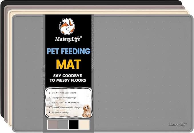 MateeyLife Dog & Cat Food Water Mat for Floors Waterproof, Nonslip Pets Bowl Feeding Mats with Raised Edges, Silicone Matt Tray for Messy Drinkers, 24"x16", Grey