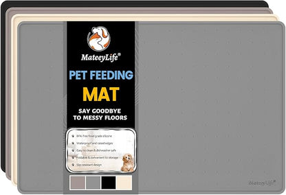 MateeyLife Dog & Cat Food Water Mat for Floors Waterproof, Nonslip Pets Bowl Feeding Mats with Raised Edges, Silicone Matt Tray for Messy Drinkers, 24"x16", Grey