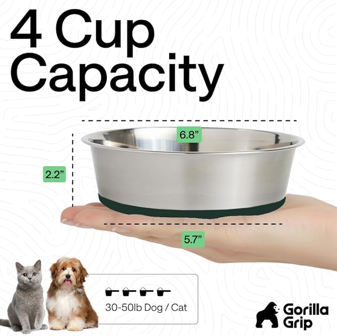 GORILLA GRIP Dog Bowls, Food Grade 304 Stainless Steel, Holds 4 Cups Each (32 fl oz) Food and Water Bowl for Feeding Dogs and Cats, Dishwasher Safe, Rust Resistant, BPA Free Rubber Base Set of 2 Green