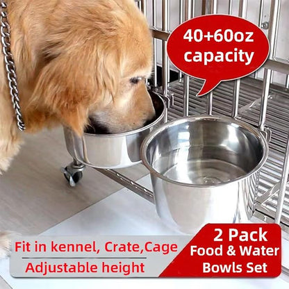 Dog Crate Water Bowl No Spill, 2 Pack Stainless Steel Large Dog Bowls, Hanging Dogs Kennel Water and Food Bowls for Crate Cage，Metal Feeder Dish Coop Cup for Medium Large Dogs Pets