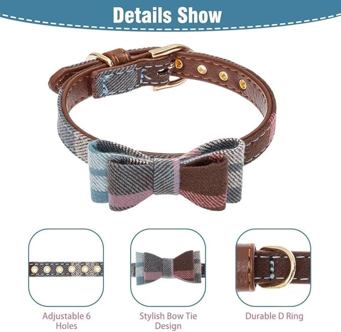 EXPAWLORER Dog Leash and Collar Set - Cute Plaid Dog Bow Tie and Dog Bandana Collar, Dog Leash Tangle Free, Adjustable Collars for Small Medium Large Dogs, Holiday Ideal Gift, Blue M