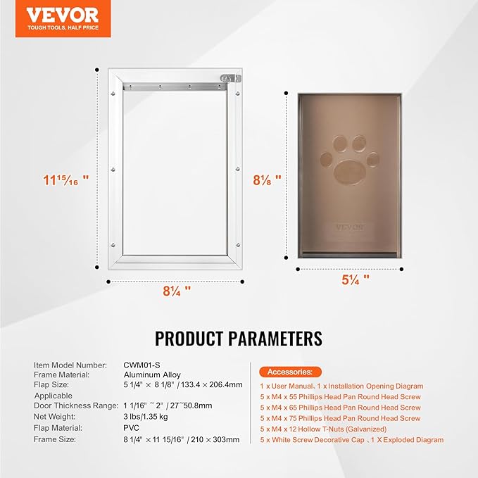 VEVOR Pet Door for Interior and Exterior Doors, Aluminum Frame, Metal Closing Panel and Lock, Strong and Durable Dog Door, Pet Door Suitable for Small Dogs (White-Small)