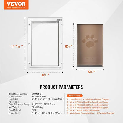 VEVOR Pet Door for Interior and Exterior Doors, Aluminum Frame, Metal Closing Panel and Lock, Strong and Durable Dog Door, Pet Door Suitable for Small Dogs (White-Small)