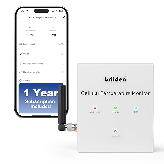 RV Pet Temperature Monitor, Briidea 4G Cellular & Temperature Humidity Sensor, No WiFi Required, 24/7 Remote Monitoring Alerts with App, for Cabin and Warehouse (1 Year Subscription Included)