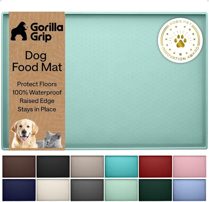 GORILLA GRIP 100% Waterproof Raised Edge BPA Free Silicone Pet Feeding Mat, Dog Cat Food Mats Contain Spills Protects Floors, Placemats for Cats and Dogs Water Bowl, Pets Accessories 18.5x11.5 Mint
