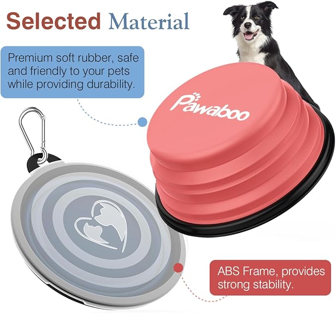 Pawaboo Collapsible Dog Bowls 2 Pack, Silicone Feeding Watering Bowls with Lids & Carabiners for Dogs Cats, Portable Water Feeder Food Bowl for Walking Traveling Home Use, Light Pink + Blue