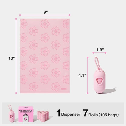 VETRESKA Dog Poop Bag Dispenser with Cherry Blossom Scented Poop Bags, Leak Proof and Extra Thick Pet Waste Bags, 1 Poop Bag Holder and 105 Bags for Dog Walking and Cats Litter, Pink