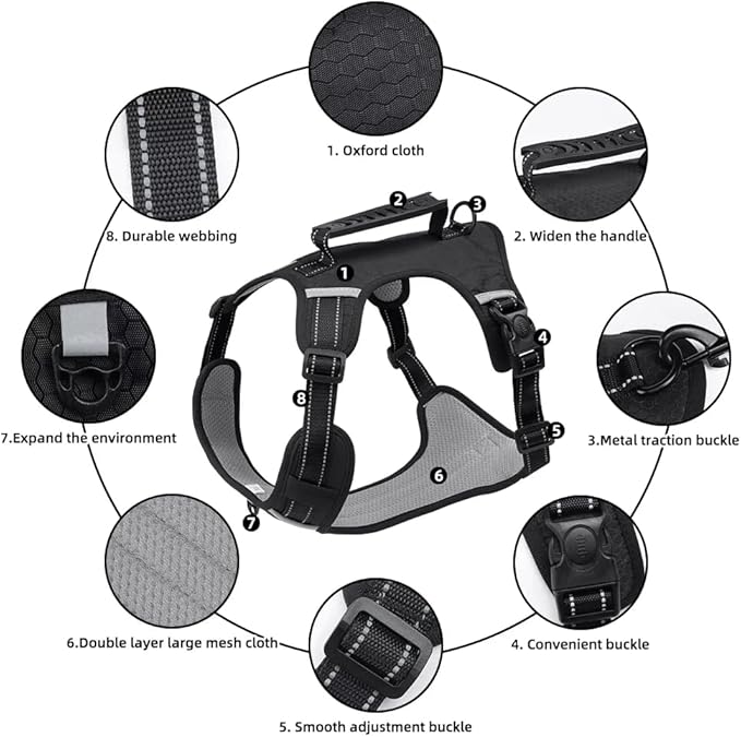 Dog Harness No Pull Adjustable Reflective,for Medium and Large Small Dog with Leash 59.06in (Black, XL)