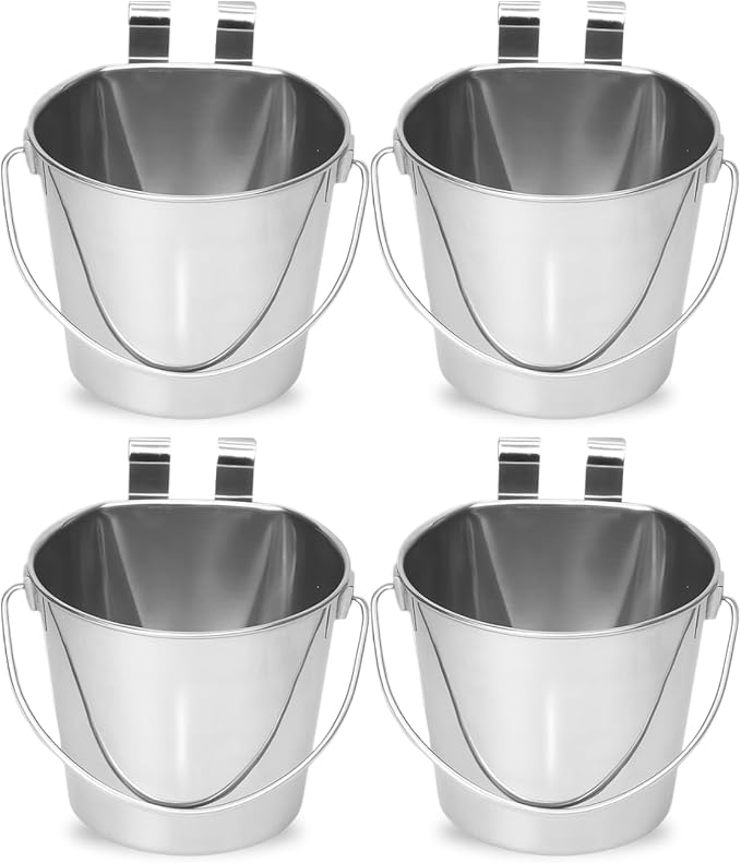 2 Quart Stainless Steel Flat Sided Bucket with Dual Hooks | 4 Pcs Durable Food & Water Bowl for Dog Cats Bird & Small Animals | Fits kennel Cage Crates Hanging Pet Pail | Multipurpose use