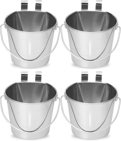 2 Quart Stainless Steel Flat Sided Bucket with Dual Hooks | 4 Pcs Durable Food & Water Bowl for Dog Cats Bird & Small Animals | Fits kennel Cage Crates Hanging Pet Pail | Multipurpose use