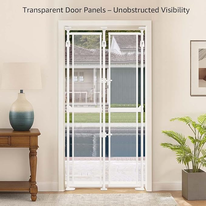 unipaws Transparent Clear Cat Safety Gate, 75"-98" Height and 35"-38" Wide Adjustable, Auto Closing and No Drilling Plus Stable 3 Support Pillars, Extra Tall for Doorway, Stairs, White