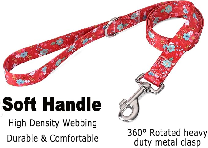Mihqy Dog Collar and Leash Set with Bohemia Floral Tribal Geometric Patterns - Soft Ethnic Style Collar Adjustable for Small Medium Large Dogs(Red Floral Set,XS)