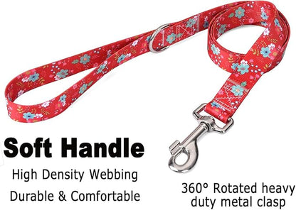 Mihqy Dog Collar and Leash Set with Bohemia Floral Tribal Geometric Patterns - Soft Ethnic Style Collar Adjustable for Small Medium Large Dogs(Red Floral Set,M)