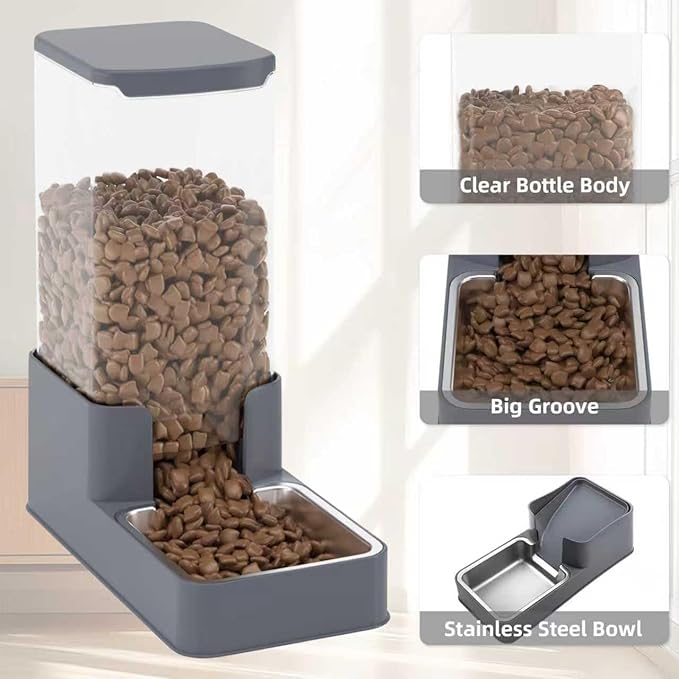 Stainless Steel Cat Feeder and Water Dispenser,Gravity Waterer & Food Feeder Set with Stainless Steel,Large Capacity Pet Food Bowl for Small Medium Dog Pets Puppy Kitten(Grey,1 Gallon)
