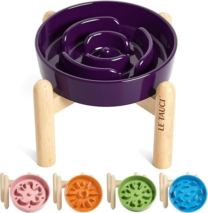 LE TAUCI Ceramic Slow Feed Dog Bowls, Elevated for Small Breeds, Anti-Gulping, Non-Slip, 6 inch, Purple