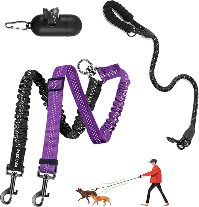 Double Dog Leash - 360°Swivel Tangle Free Splitter Attachment, 1 Rope with Handle, 2 Dogs Multi-Functional Leash, for Outdoor Walk Train Small Medium Large Two Pet, Purple